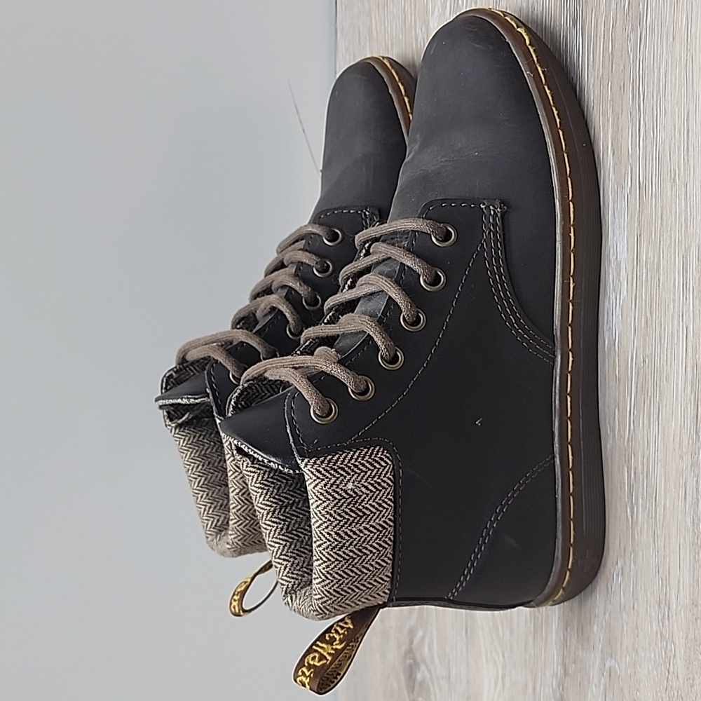Dr. Martens Women Maelly Dark Brown Leather Boots w/Herringbone Tweed Cuff 6 - Picture 2 of 12